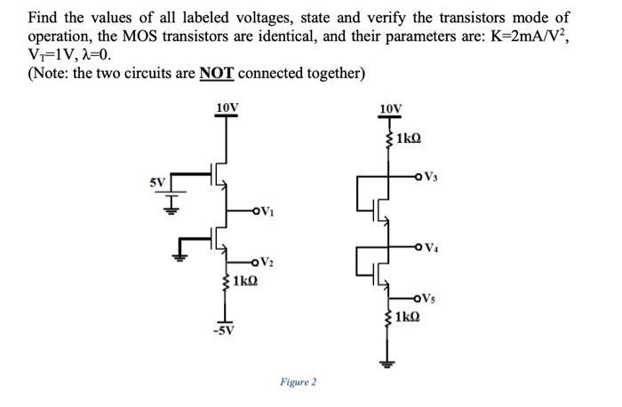 Find the values of all labeled voltages, state and verify the transistors mode of operation, the MOS