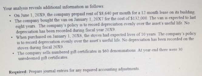 Your analysis reveals additional information as follows:  On June 1, 20X9, the company prepaid rent of $8,640
