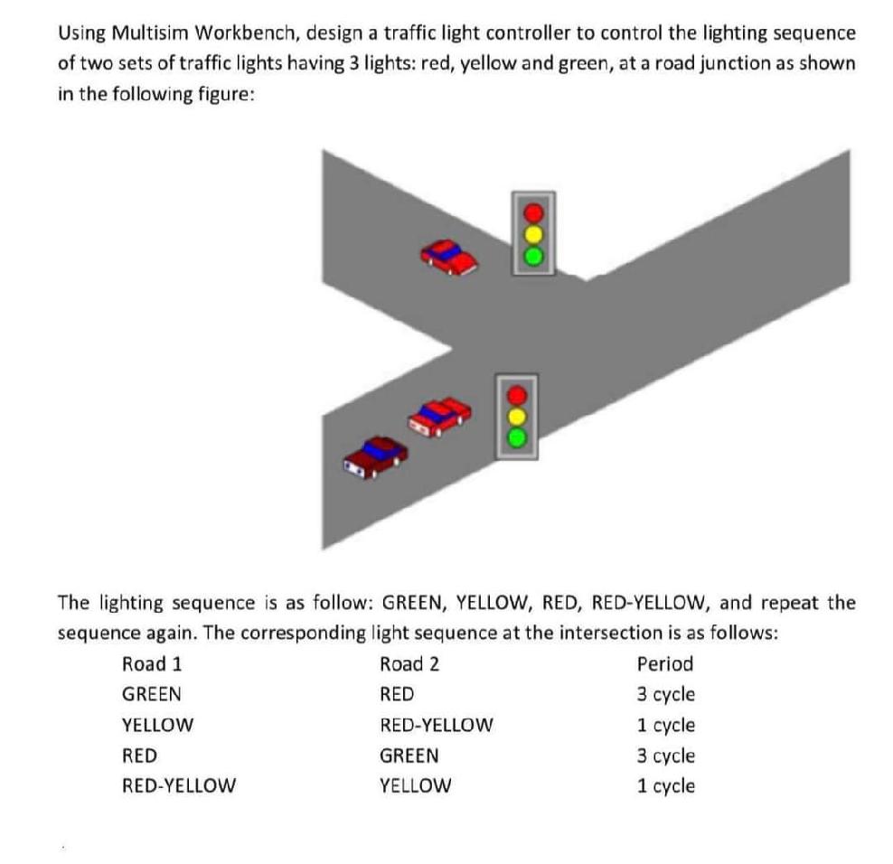 Using Multisim Workbench, design a traffic light controller to control the lighting sequence of two sets of