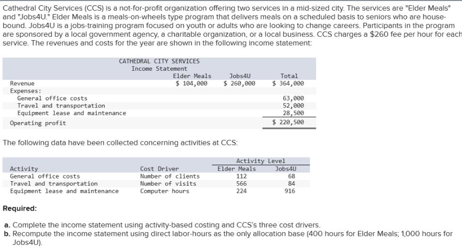 Cathedral City Services (CCS) is a not-for-profit organization offering two services in a mid-sized city. The