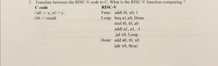 2. Translate between the RISC-V code to C. What is the RISC-V function computing? C code RISC-V //a0x, al->y,
