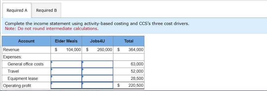 Required A Required B Complete the income statement using activity-based costing and CCS's three cost