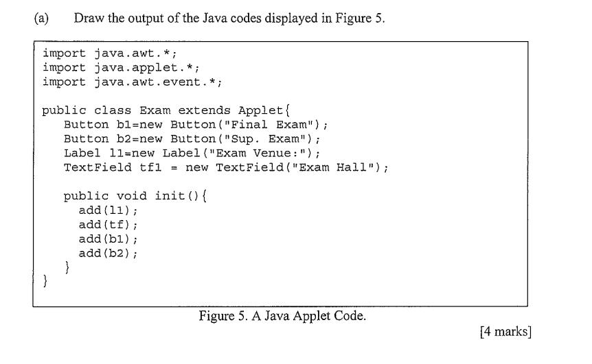 (a) Draw the output of the Java codes displayed in Figure 5. import java.awt. * ; import java.applet. *;