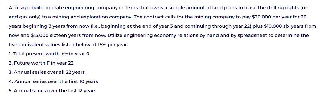 A design-build-operate engineering company in Texas that owns a sizable amount of land plans to lease the