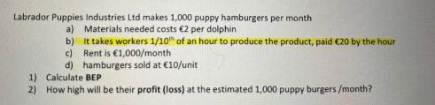 Labrador Puppies Industries Ltd makes 1,000 puppy hamburgers per month a) Materials needed costs 2 per