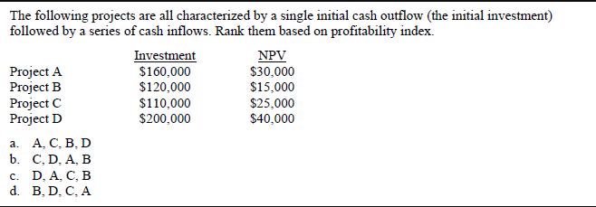 The following projects are all characterized by a single initial cash outflow (the initial investment)