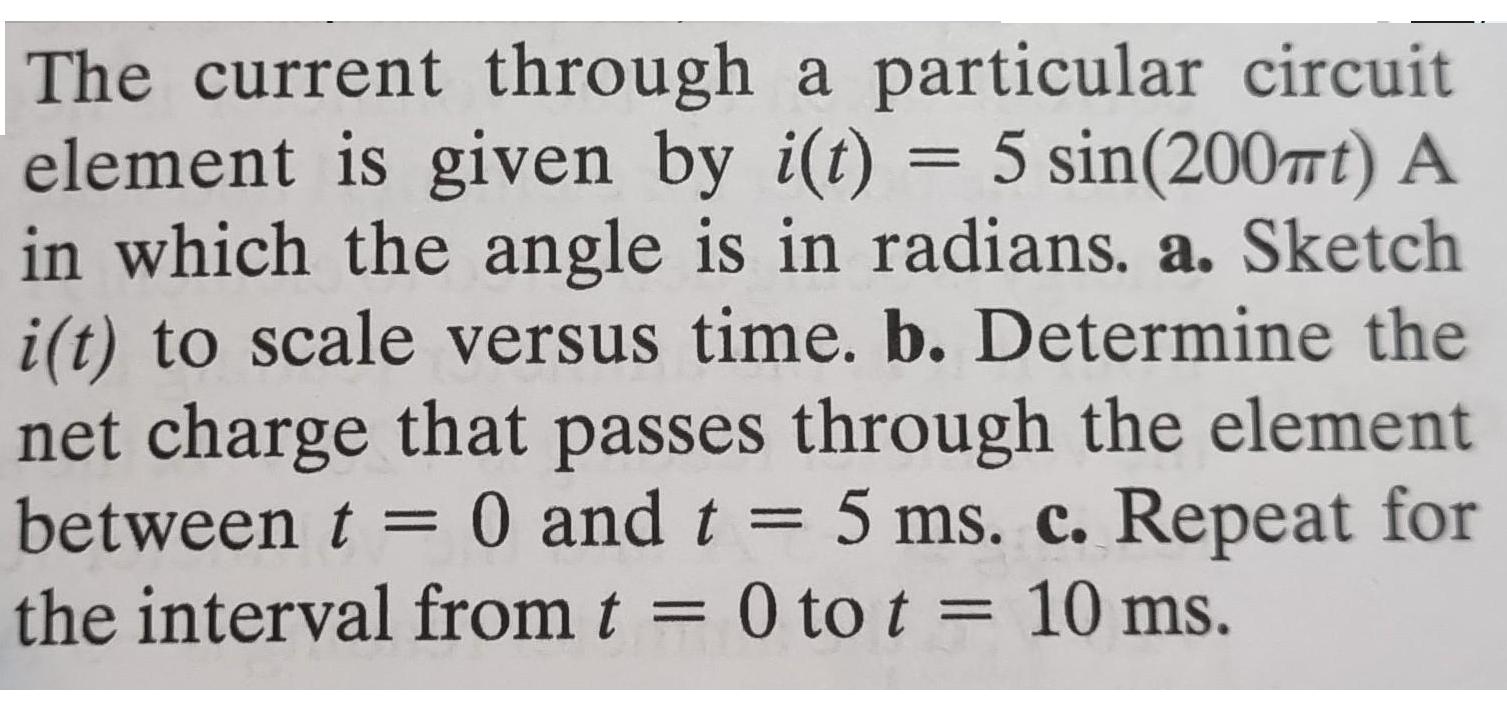 The current through a particular circuit element is given by i(t) = 5 sin (2007t) A in which the angle is in