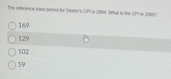 The reference base period for Dexter's CPI is 2004. What is the CPI in 2005? 169 129 102 59