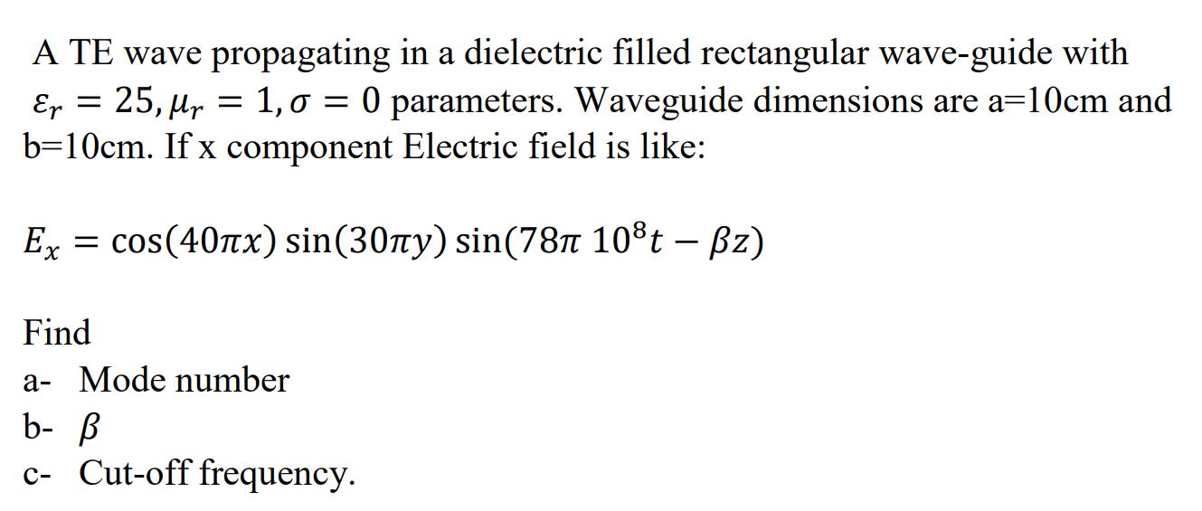 A TE wave propagating in a dielectric filled rectangular wave-guide with Er = 25, Mr = 1,0 = 0 parameters.