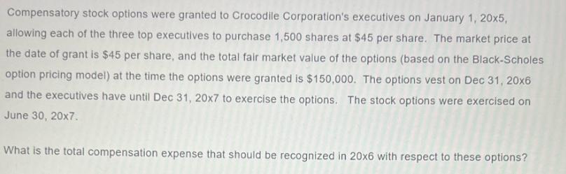 Compensatory stock options were granted to Crocodile Corporation's executives on January 1, 20x5, allowing