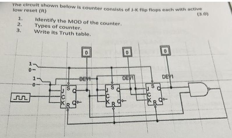 The circuit shown below is counter consists of J-K flip flops each with active low reset (R) (3.0) 1. 2. 3.