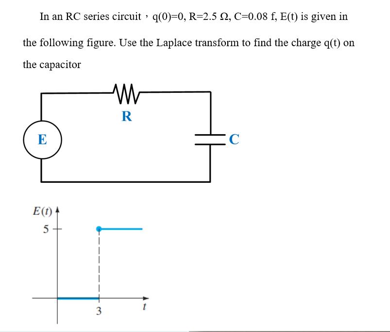 In an RC series circuit q(0)=0, R=2.5 22, C=0.08 f, E(t) is given in the following figure. Use the Laplace