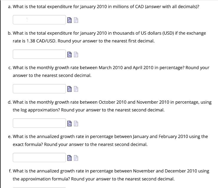a. What is the total expenditure for January 2010 in millions of CAD (answer with all decimals)? 20 b. What