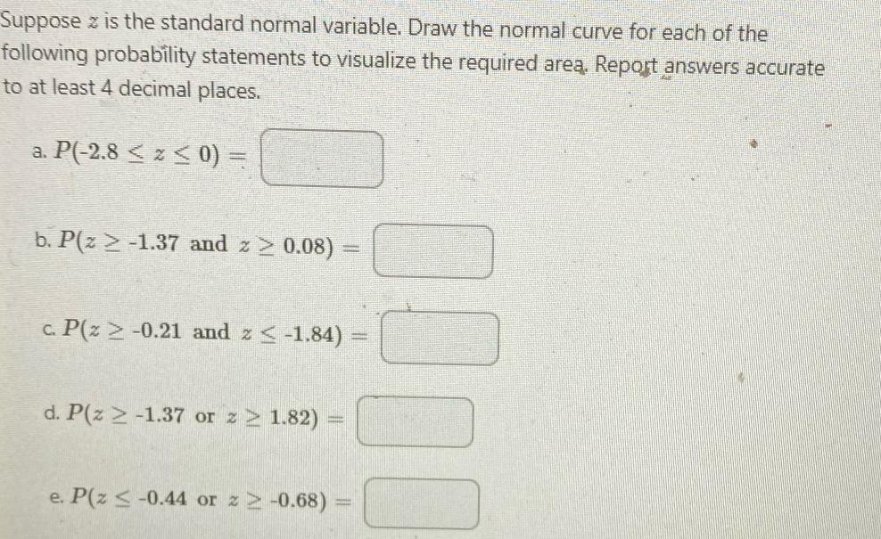 Suppose z is the standard normal variable. Draw the normal curve for each of the following probability