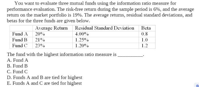 You want to evaluate three mutual funds using the information ratio measure for performance evaluation. The