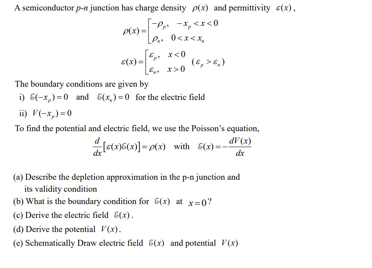 A semiconductor p-n junction has charge density p(x) and permittivity (x), -Pp -x