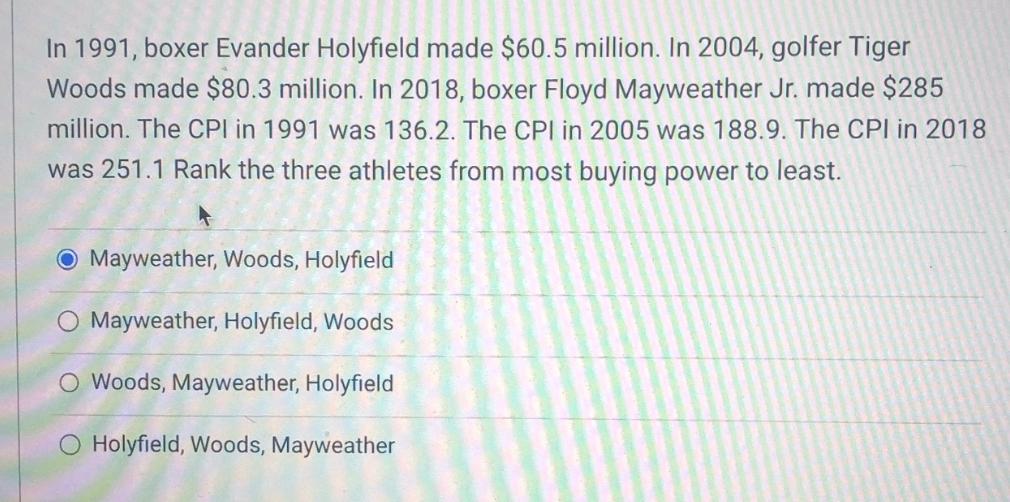 In 1991, boxer Evander Holyfield made $60.5 million. In 2004, golfer Tiger Woods made $80.3 million. In 2018,