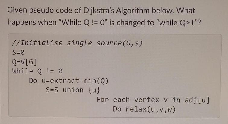 Given pseudo code of Dijkstra's Algorithm below. What happens when 