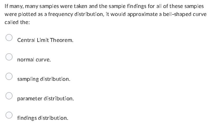 If many, many samples were taken and the sample findings for all of these samples were plotted as a frequency