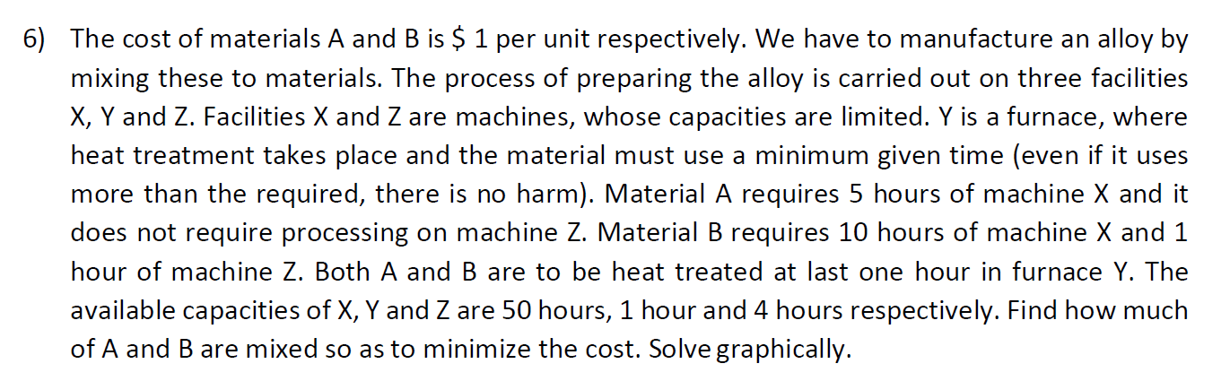 6) The cost of materials A and B is $ 1 per unit respectively. We have to manufacture an alloy by mixing