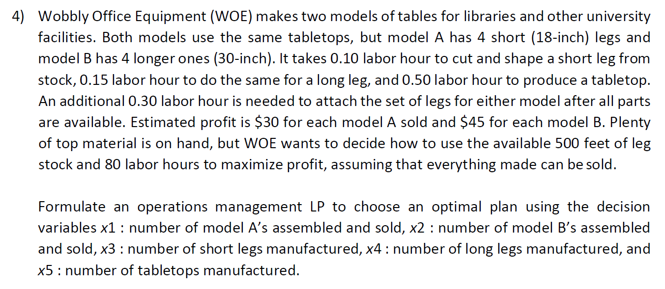 4) Wobbly Office Equipment (WOE) makes two models of tables for libraries and other university facilities.