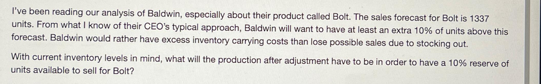 I've been reading our analysis of Baldwin, especially about their product called Bolt. The sales forecast for