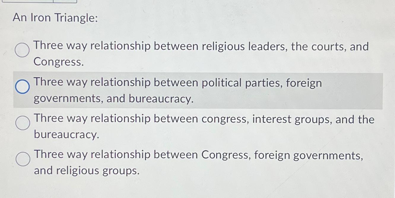 An Iron Triangle: Three way relationship between religious leaders, the courts, and Congress. Three way