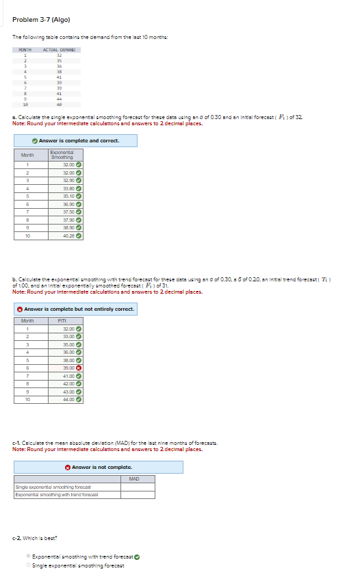 Problem 3-7 (Algo) The following table contains the demand from the last 10 months: MONTH ACTUAL DEMAND 32 35