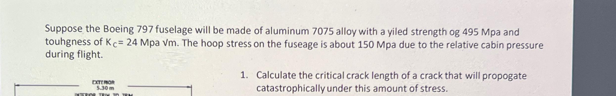 Suppose the Boeing 797 fuselage will be made of aluminum 7075 alloy with a yiled strength og 495 Mpa and