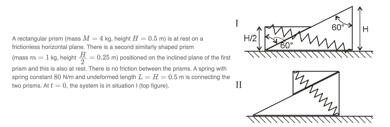 I A rectangular prism (mass M = 4 kg, height = 0.5 m) is at rest on a frictionless horizontal plane. There is