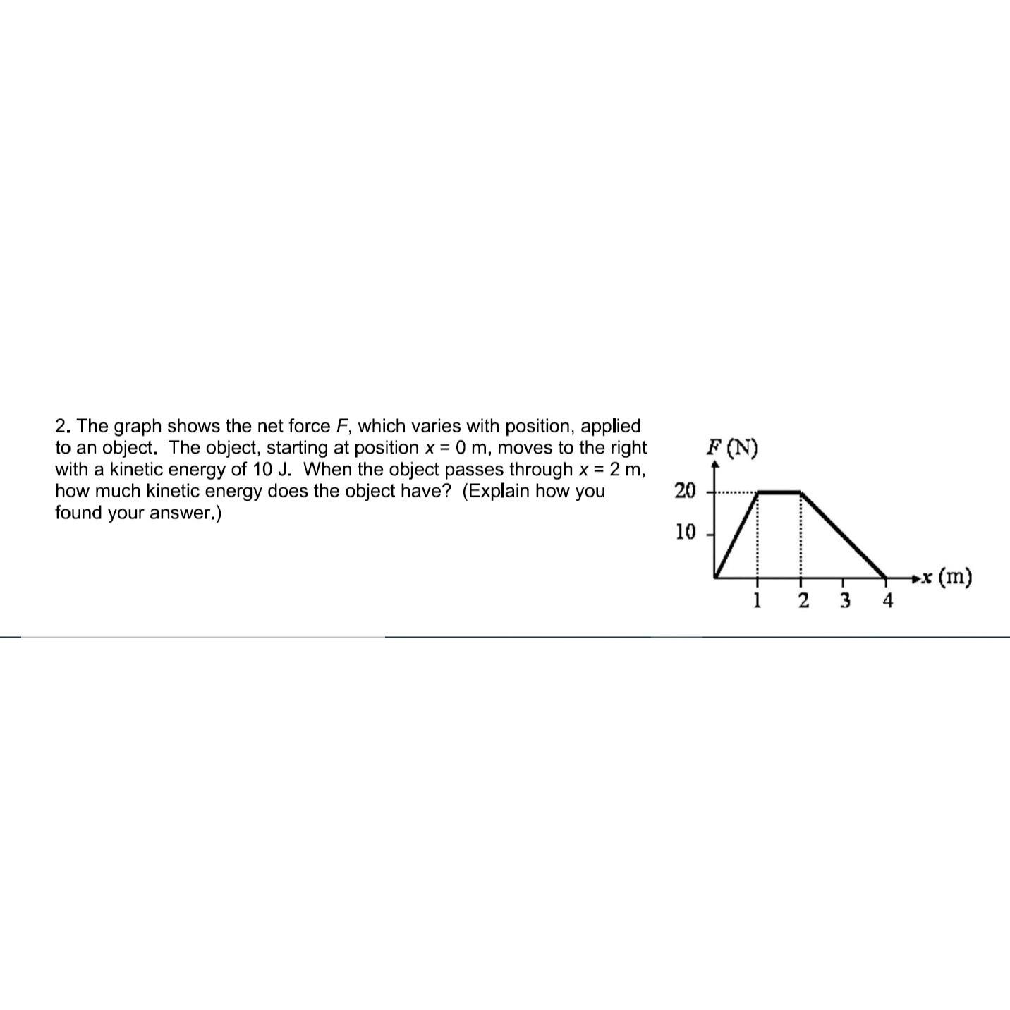 2. The graph shows the net force F, which varies with position, applied to an object. The object, starting at