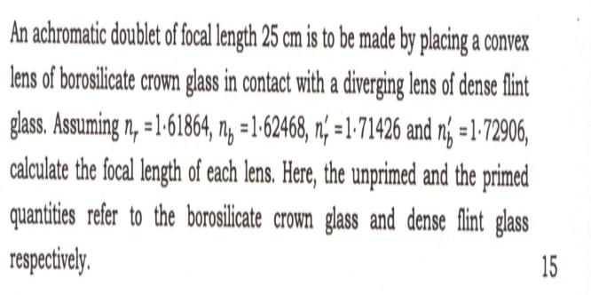 An achromatic doublet of focal length 25 cm is to be made by placing a convex lens of borosilicate crown
