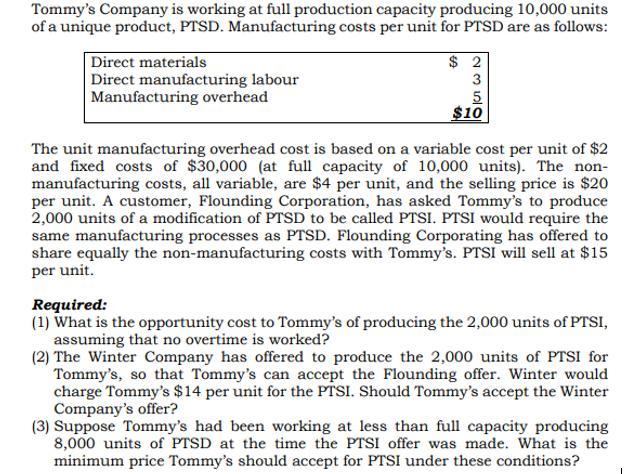 Tommy's Company is working at full production capacity producing 10,000 units of a unique product, PTSD.