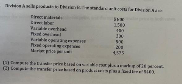 . Division A sells products to Division B. The standard unit costs for Division A are: $ 800 1,500 400 300