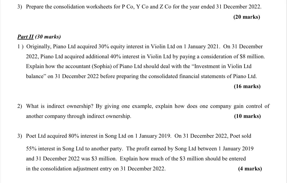 3) Prepare the consolidation worksheets for P Co, Y Co and Z Co for the year ended 31 December 2022. (20