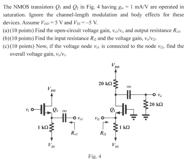 The NMOS transistors Q and Q2 in Fig. 4 having gm = 1 mA/V are operated in saturation. Ignore the