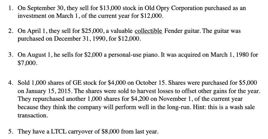 1. On September 30, they sell for $13,000 stock in Old Opry Corporation purchased as an investment on March