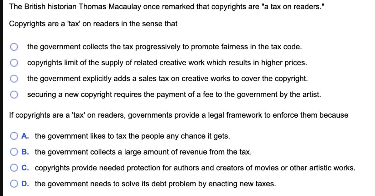 The British historian Thomas Macaulay once remarked that copyrights are 