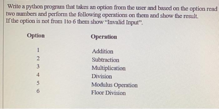 Write a python program that takes an option from the user and based on the option read two numbers and