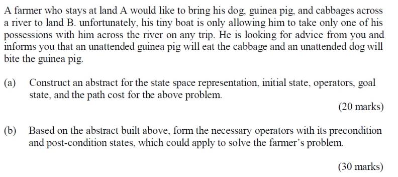 A farmer who stays at land A would like to bring his dog, guinea pig, and cabbages across a river to land B.