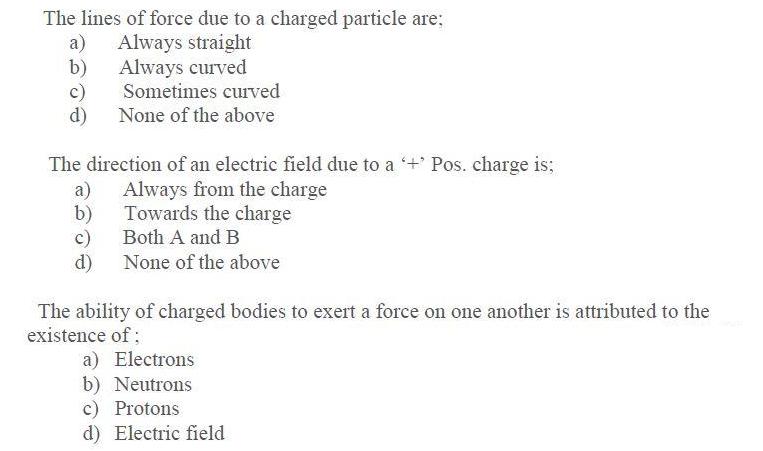The lines of force due to a charged particle are: a) Always straight Always curved b) c) d) Sometimes curved
