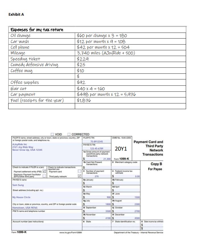 Exhibit A Expenses for my tax return Oil change Car wash Cell phone Mileage Speeding ticket Comedy defensive