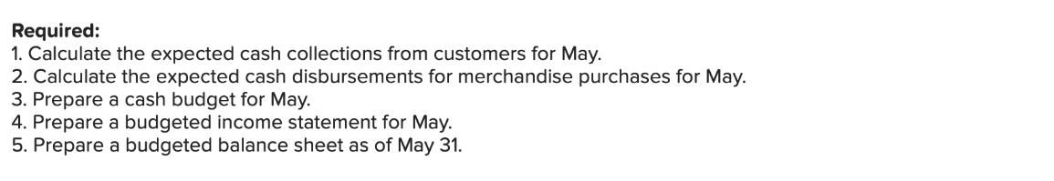 Required: 1. Calculate the expected cash collections from customers for May. 2. Calculate the expected cash