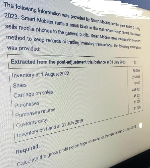 The following information was provided by Smart Mobiles for the year ended 31 July 2023. Smart Mobiles rents