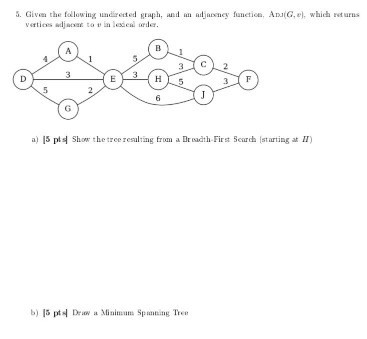 5. Given the following undirected graph, and an adjacency function. ADJ(G, V), which returns vertices