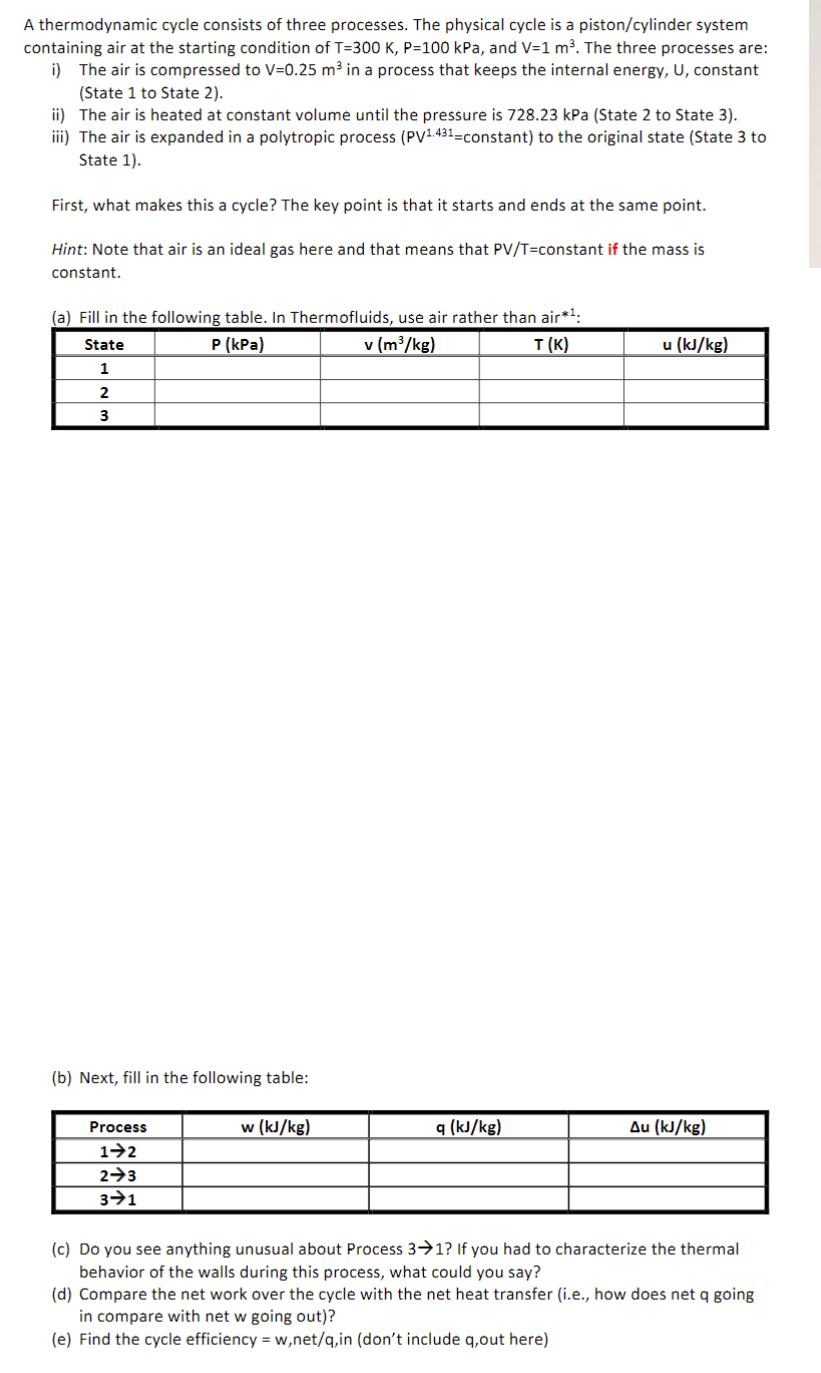 A thermodynamic cycle consists of three processes. The physical cycle is a piston/cylinder system containing
