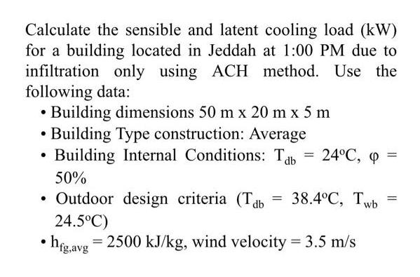 Calculate the sensible and latent cooling load (kW) for a building located in Jeddah at 1:00 PM due to