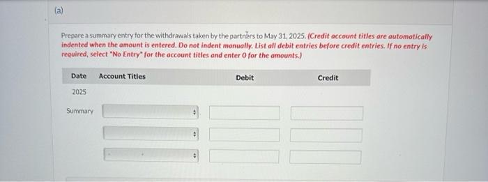 (a) Prepare a summary entry for the withdrawals taken by the partners to May 31, 2025. (Credit account titles