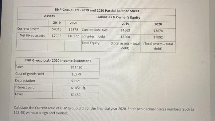 BHP Group Ltd.- 2019 and 2020 Partial Balance Sheet Liabilities & Owner's Equity Assets 2019 2020 Current