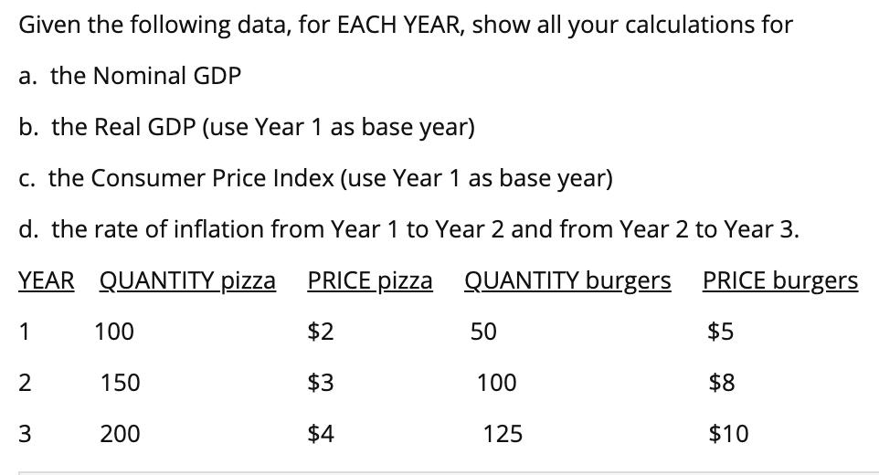 Given the following data, for EACH YEAR, show all your calculations for a. the Nominal GDP b. the Real GDP